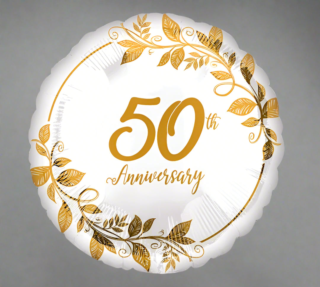 Decorative balloon with '50th Anniversary' text and gold leaves on a white background