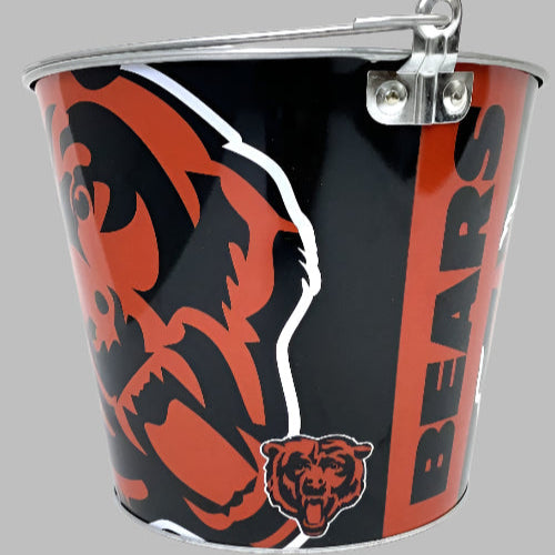 Metal bucket with Chicago Bears logo on a gray background