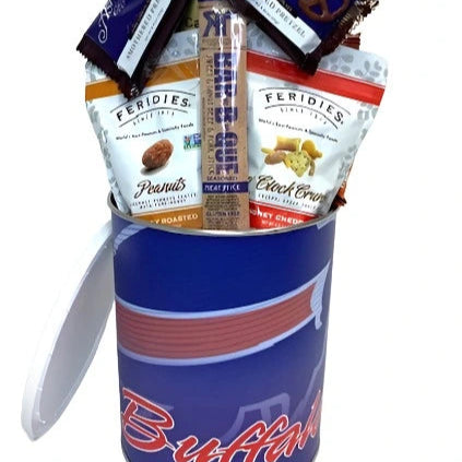 Gift basket with snacks in a blue container labeled 'Buffalo'