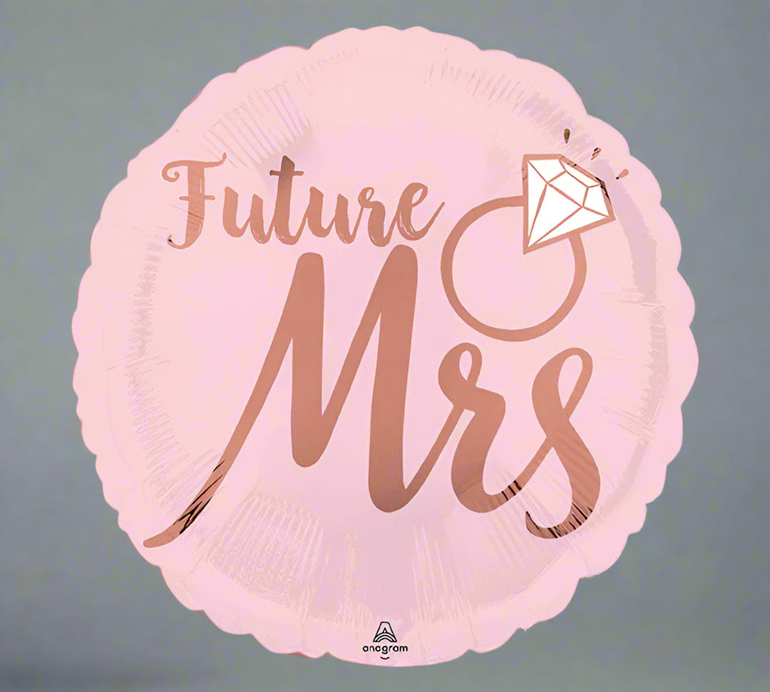Pink balloon with 'Future Mrs' text and a diamond symbol on a white background