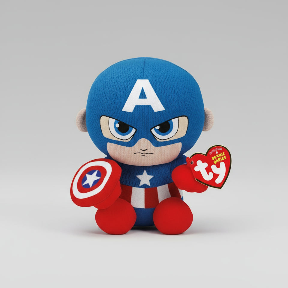 Plush toy resembling Captain America with a blue helmet and red and white costume, featuring the Ty logo.