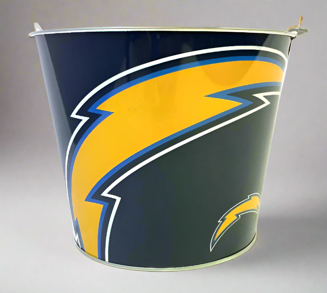 Metal bucket with a sports team logo on a white background