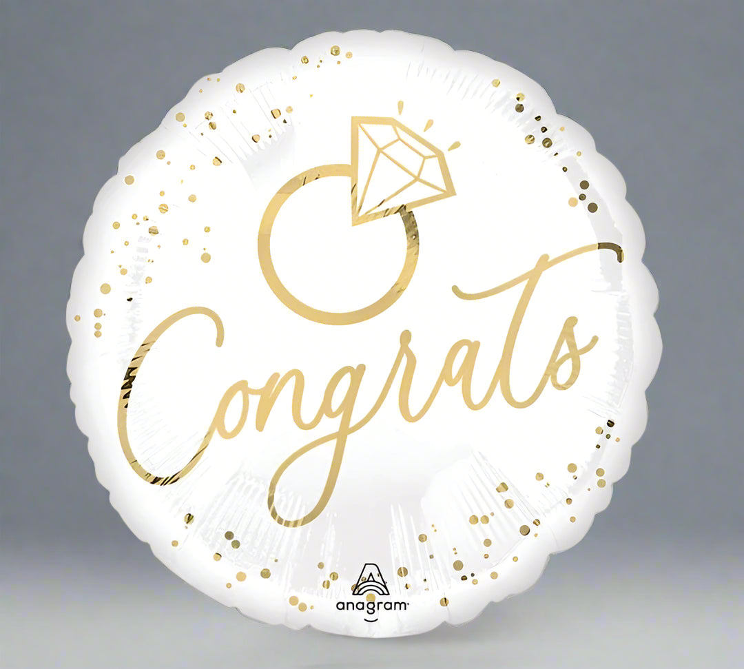 Decorative balloon with 'Congrats' and a diamond ring design on a white background