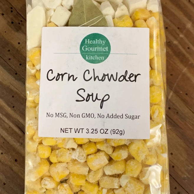Package of Corn Chowder Soup from Healthy Gourmet Kitchen on a wooden surface