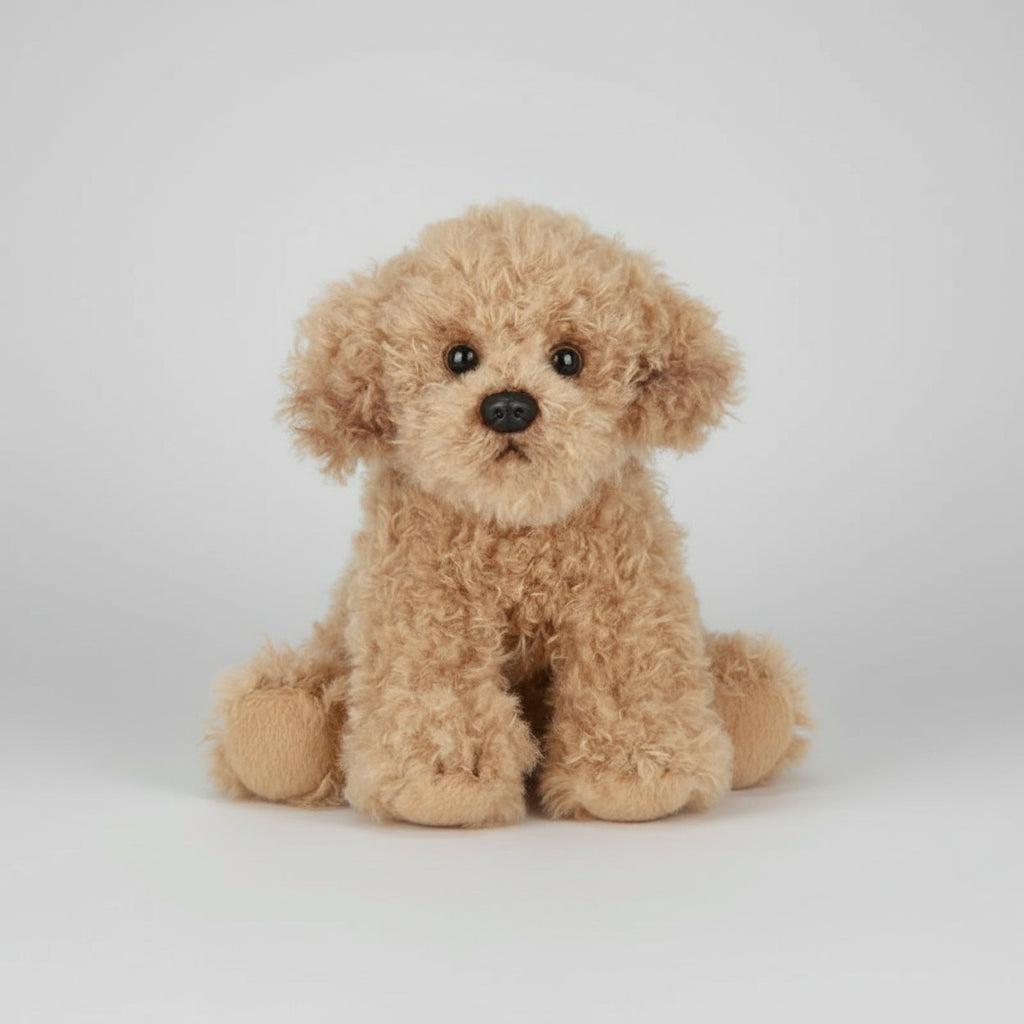 Plush toy dog with a soft texture on a white background