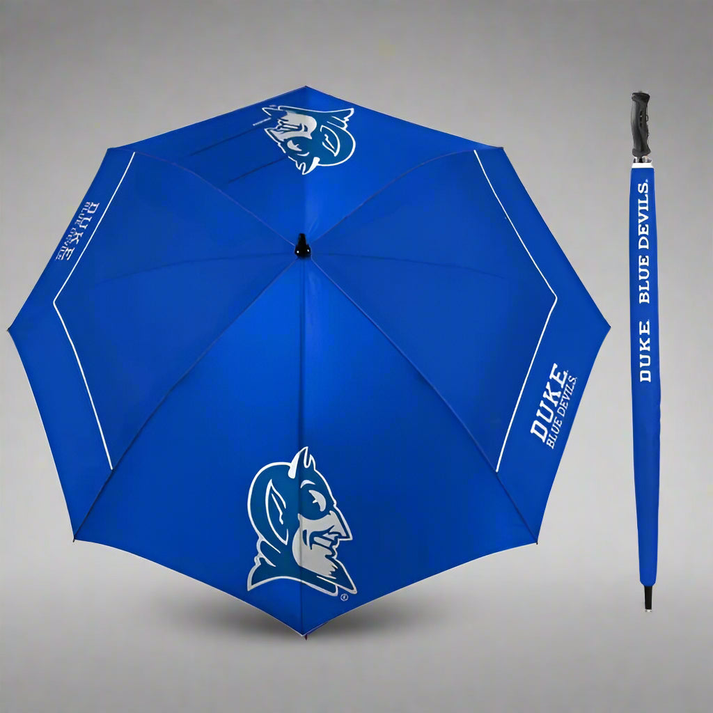 Blue umbrella with Duke Blue Devils logo on a gray background