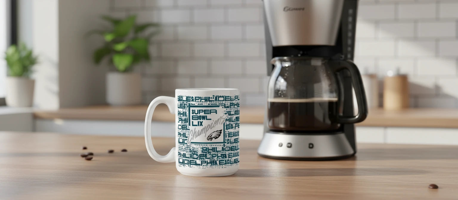 Two Philadelphia Eagles-themed mugs with text and logo on a gray background