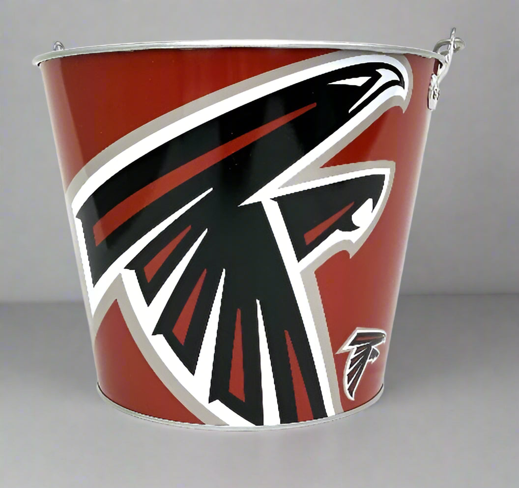 Metal bucket with Atlanta Falcons logo on a white background