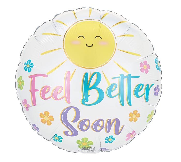 Balloon with sun and flowers design and 'Feel Better Soon' text on a white background