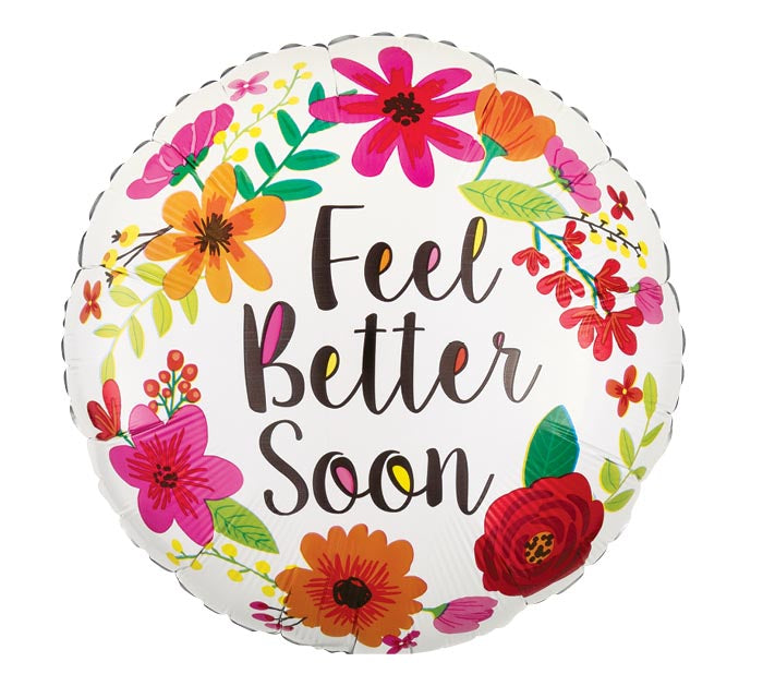 Round balloon with floral design and 'Feel Better Soon' text on a white background