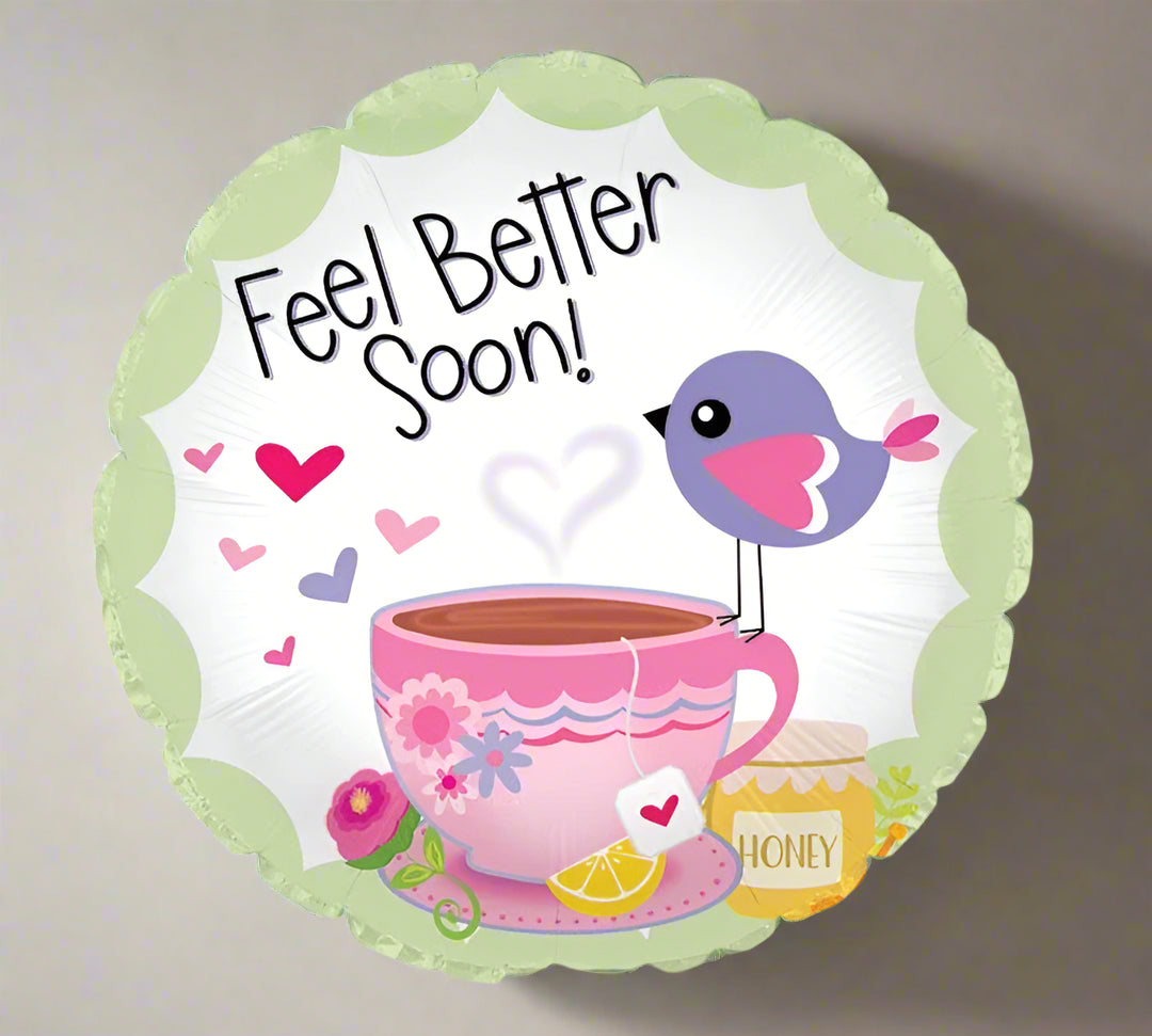 Balloon with 'Feel Better Soon!' text, a pink teacup, and a bird holding a heart.