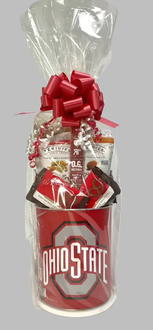 Gift basket with snacks in a container featuring Ohio State logo on a light background