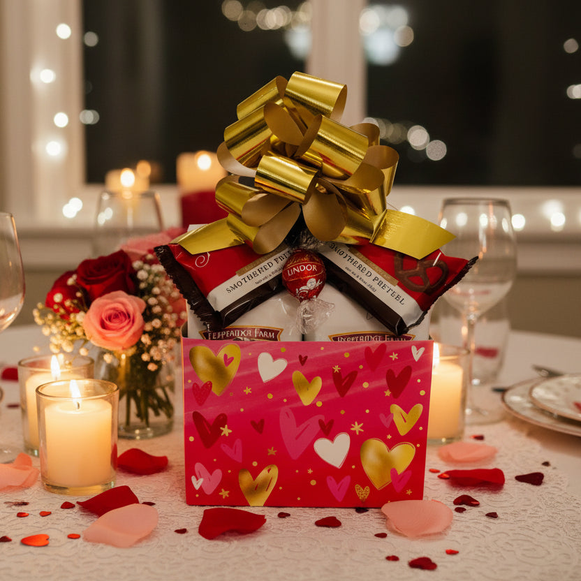 Gift basket with a gold bow, including chocolates and snacks, on a wooden floor.