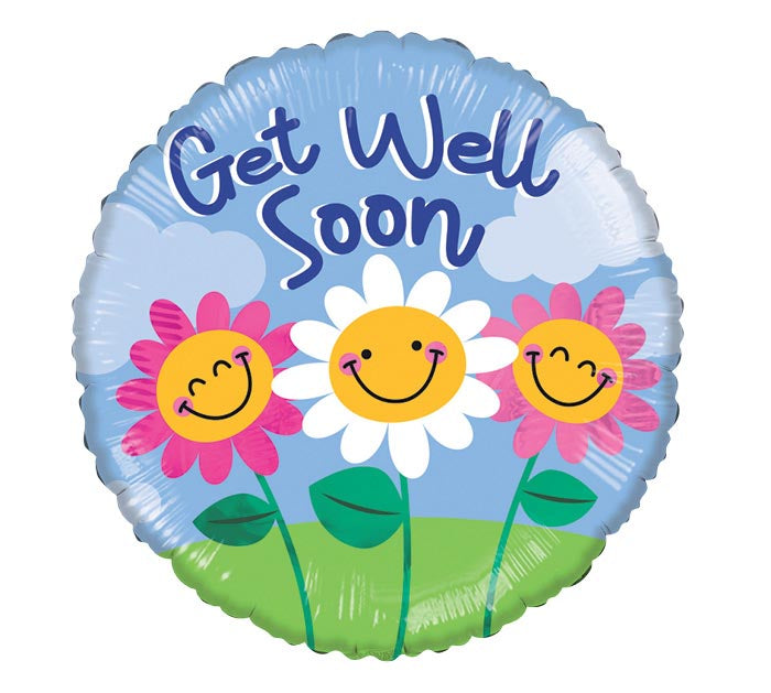 Balloon with smiley flowers and 'Get Well Soon' text on a blue background