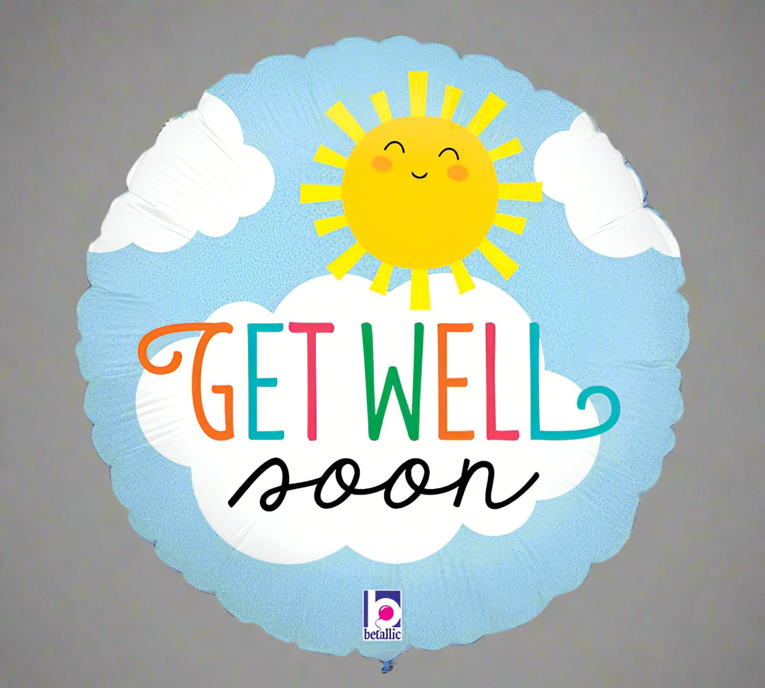 Balloon with a sun and 'Get Well Soon' text on a blue background