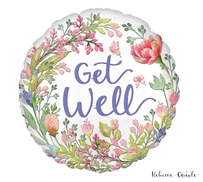 Round balloon with floral design and 'Get Well' text on a white background