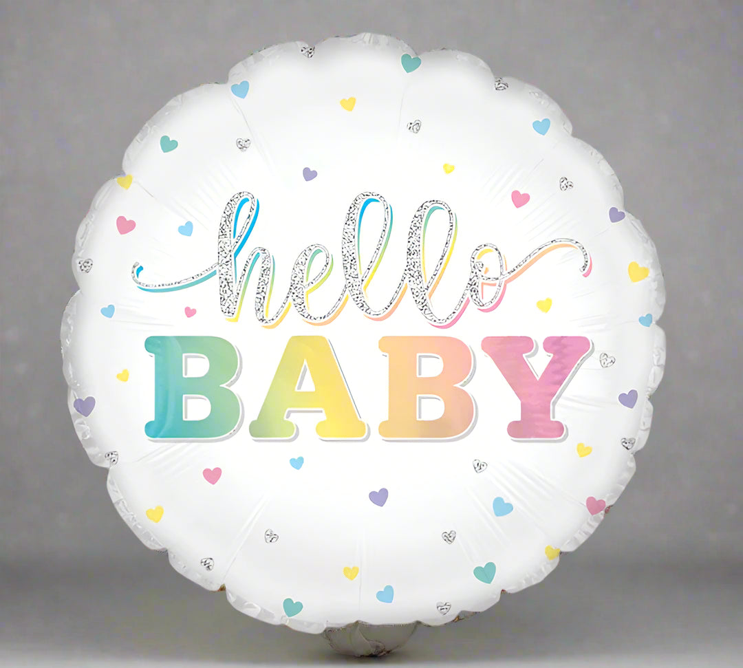 Round balloon with 'hello BABY' text in pastel colors on a white background