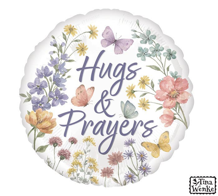 Round balloon with floral design and 'Hugs & Prayers' text, featuring butterflies and flowers.