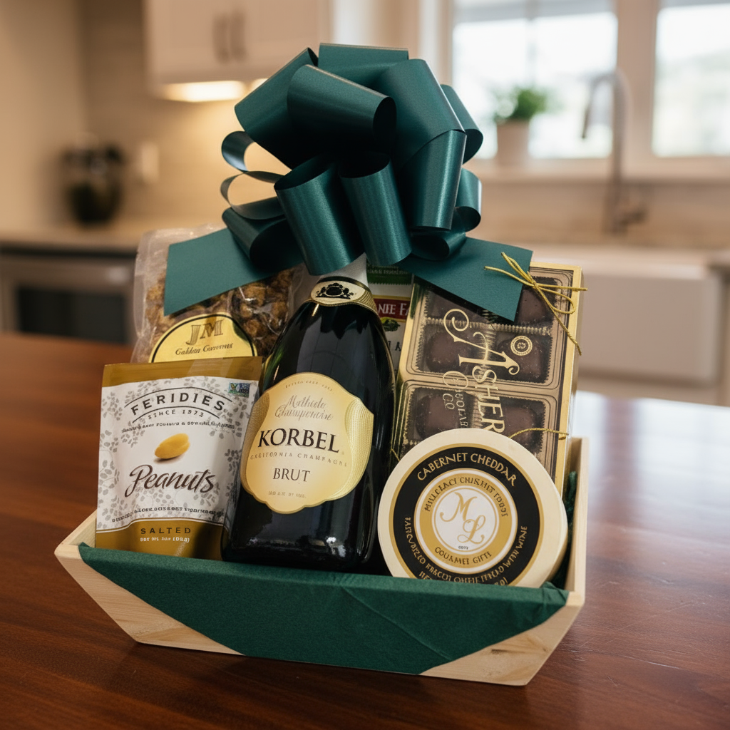 Gift basket with Korbel champagne, snacks, and cheese on a wooden surface.