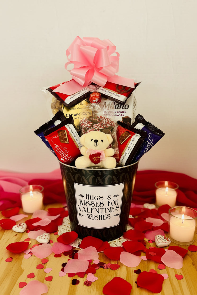 Valentine's Day gift basket with chocolates and a teddy bear on a wooden surface.