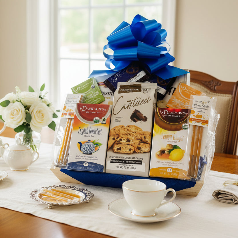 Jenny's Large Tea Tray - Premium Tea & Treats Gift Basket with Handmade USA Wooden Tray