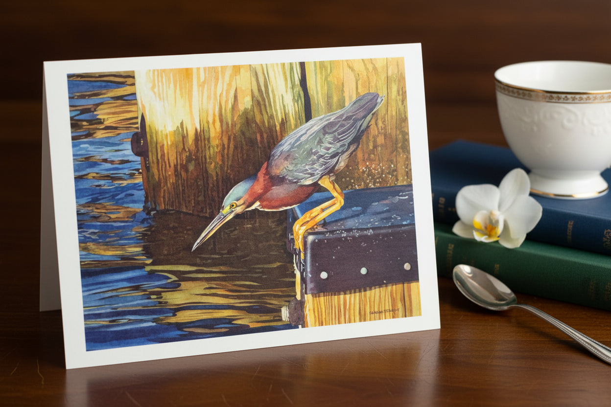 Painting of a heron on a dock with water and reeds in the background