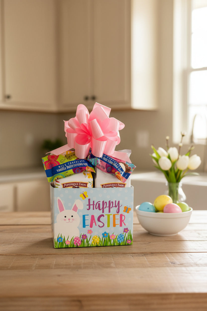 Easter gift basket with candy and a pink bow on a wooden surface.