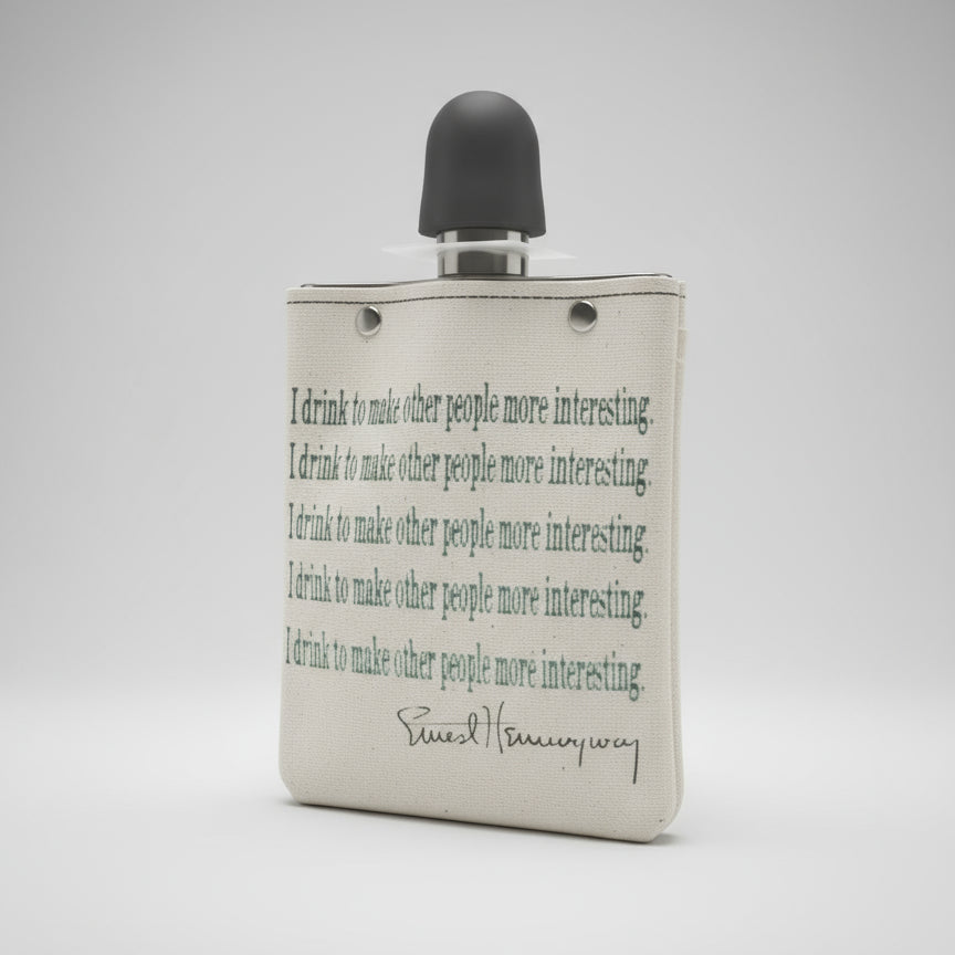 Textile product with a quote on a wooden surface