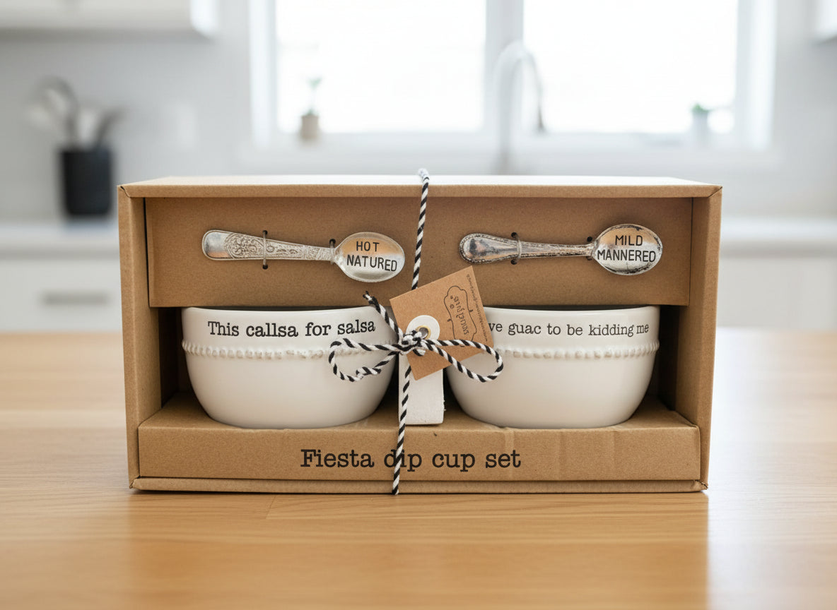 Fiesta cup and spoon set in packaging with decorative tags and text.