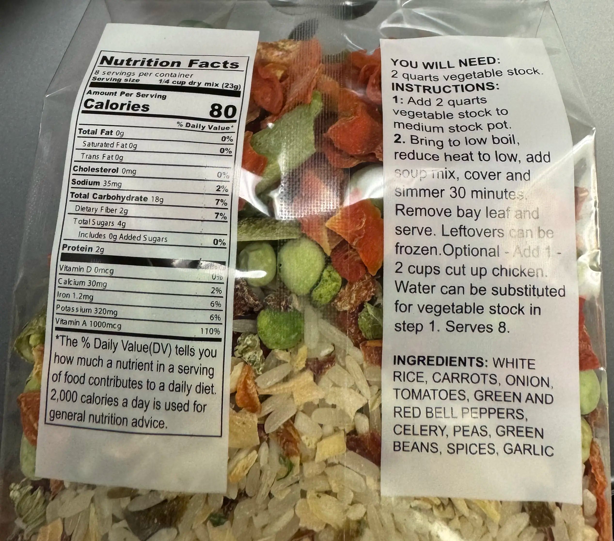 Packaged garden veggie soup mix with a visible label on a white background