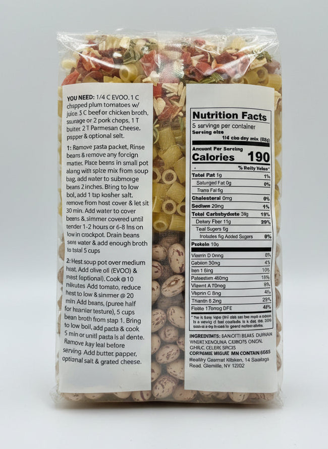 Package of 'Pasta e Fagioli' from Healthy Gourmet Kitchens on a metallic surface.