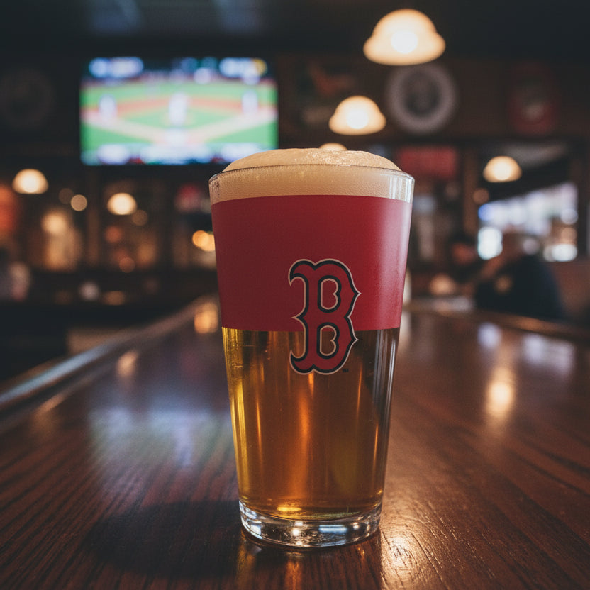 Clear glass with red sleeve featuring a logo on a counter with various items in the background