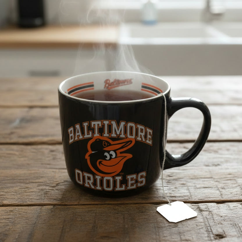 Baltimore Orioles mug on a wooden surface