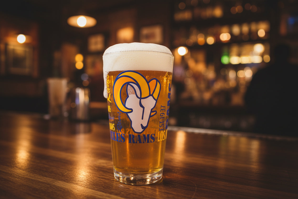 Clear glass with Rams logo on a wooden surface and white background