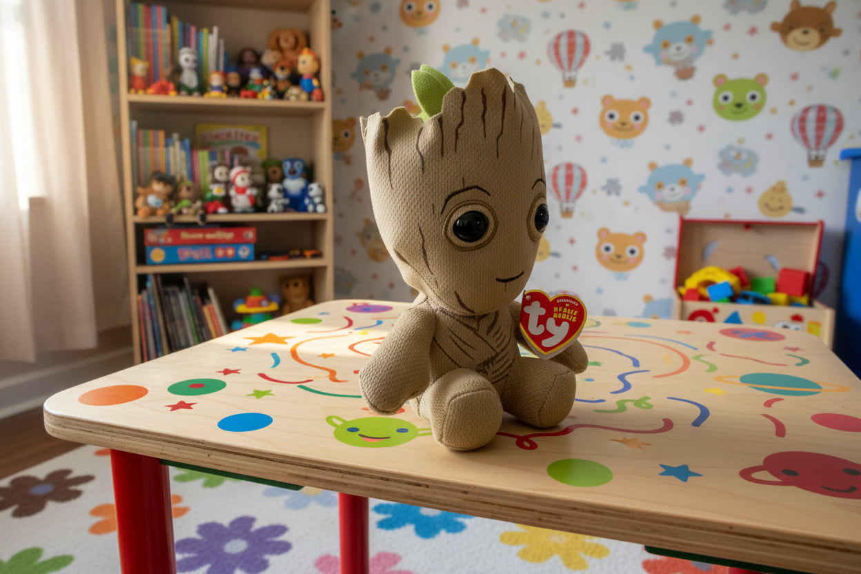 Plush toy resembling a character from a popular movie on a colorful table in a child's room.