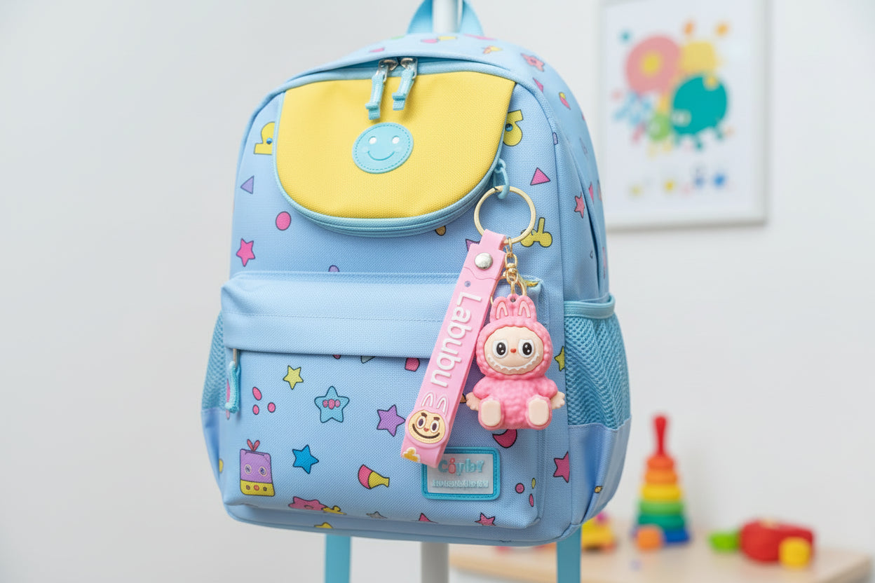 Pink 'Labubu' keychain held in a hand with a blurred restaurant interior background