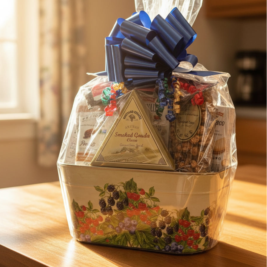 Gift basket with a blue bow against a blurred natural background