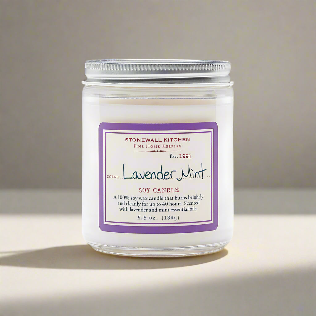 Stonewall Kitchen Lavender Mint soy candle on a neutral background