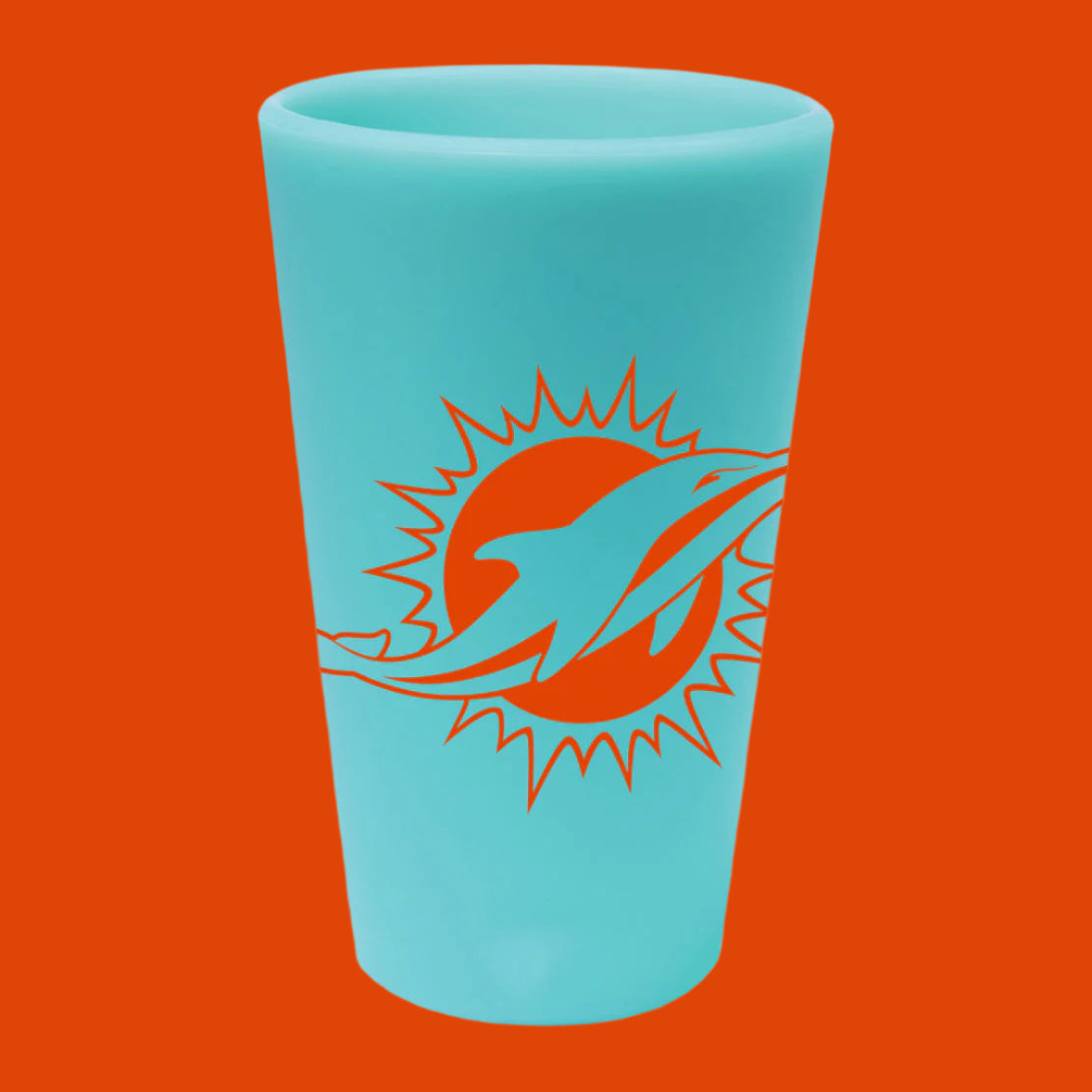Turquoise cup with a red and white logo on an orange background