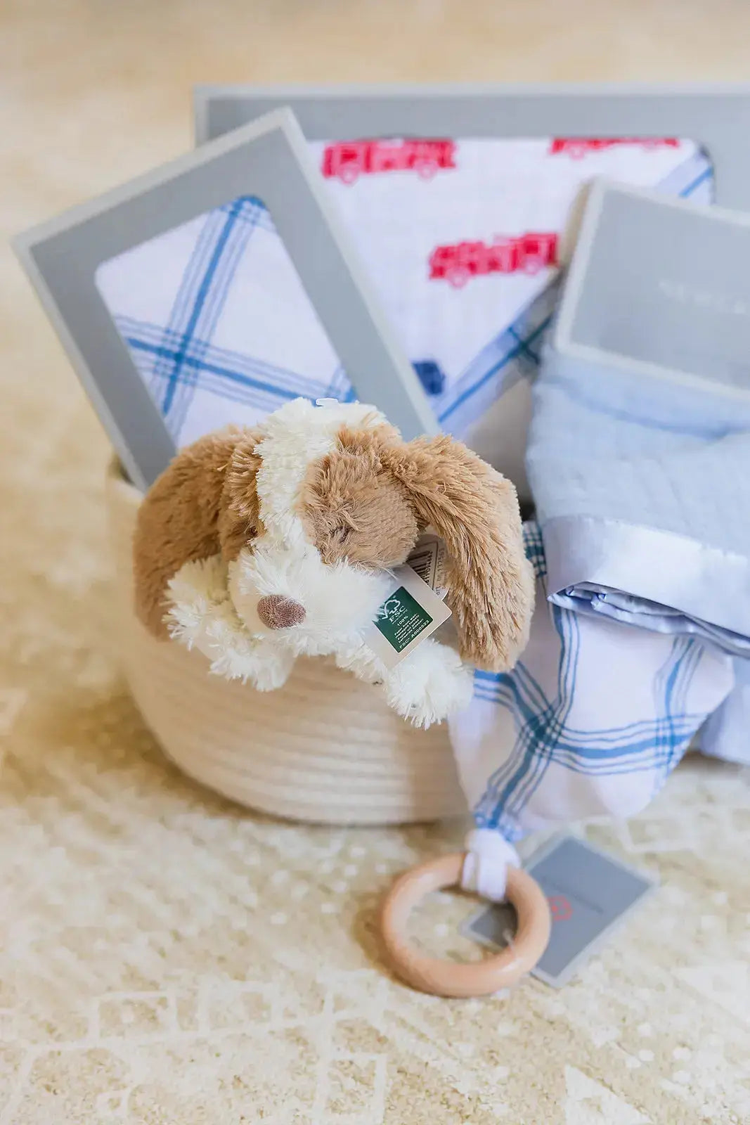 Welcome Baby Boy Gift Basket – Blanket, Swaddle & Plush Set