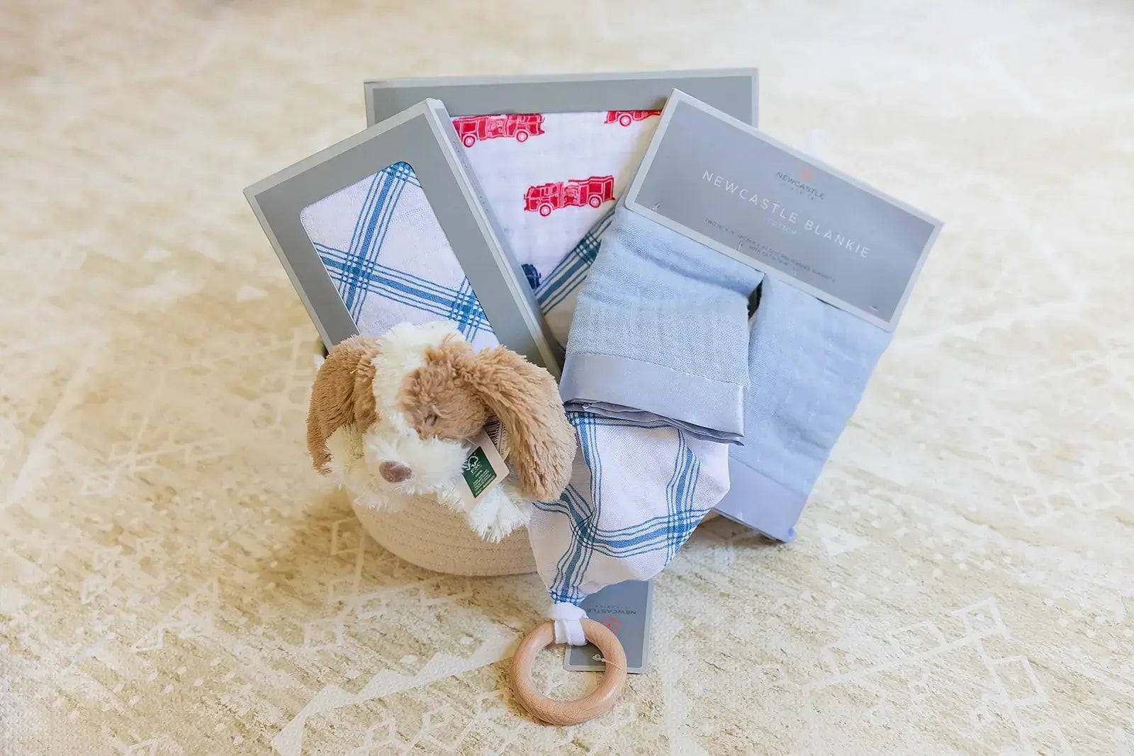 Welcome Baby Boy Gift Basket – Blanket, Swaddle & Plush Set