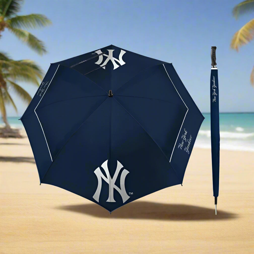 Navy blue umbrella with white logo on a white background
