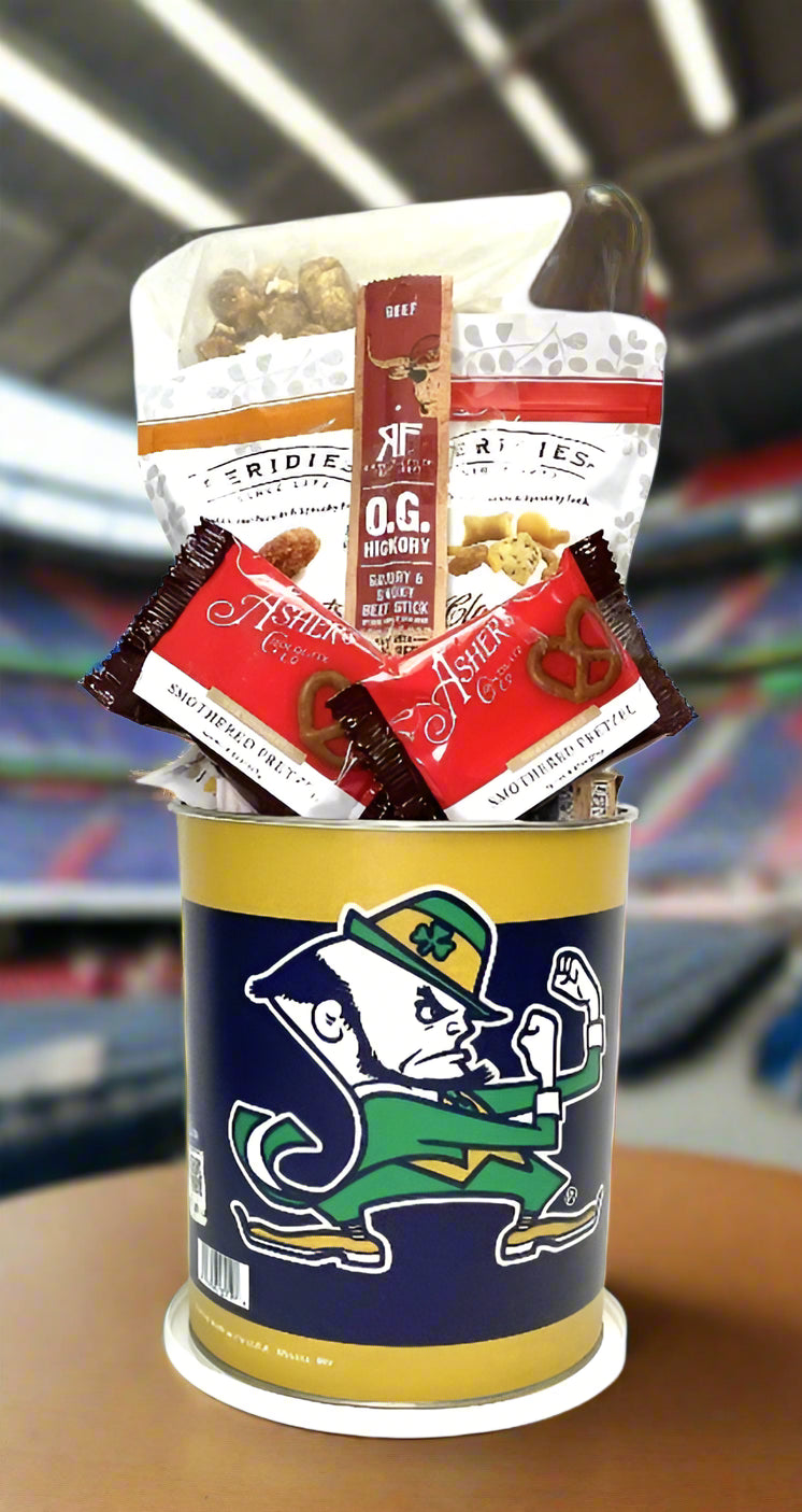 Gift basket with snacks in a container featuring a logo on a white background