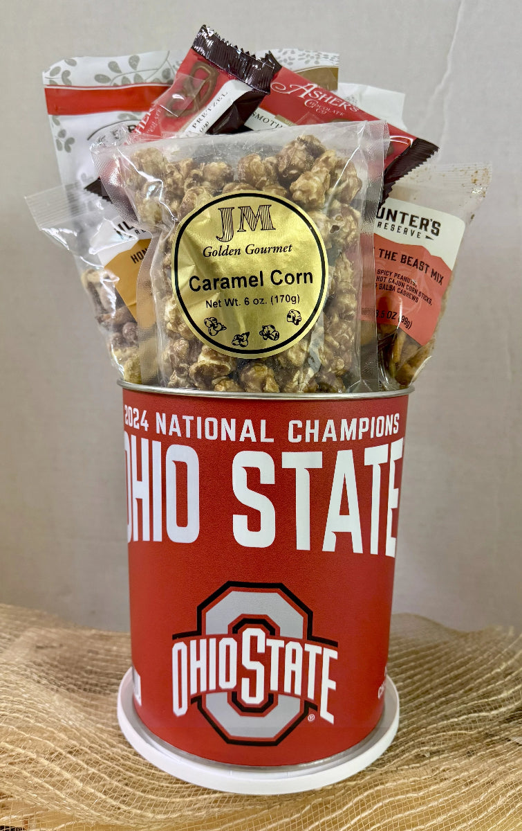 Snack basket with Ohio State-themed container and various snacks on a neutral background