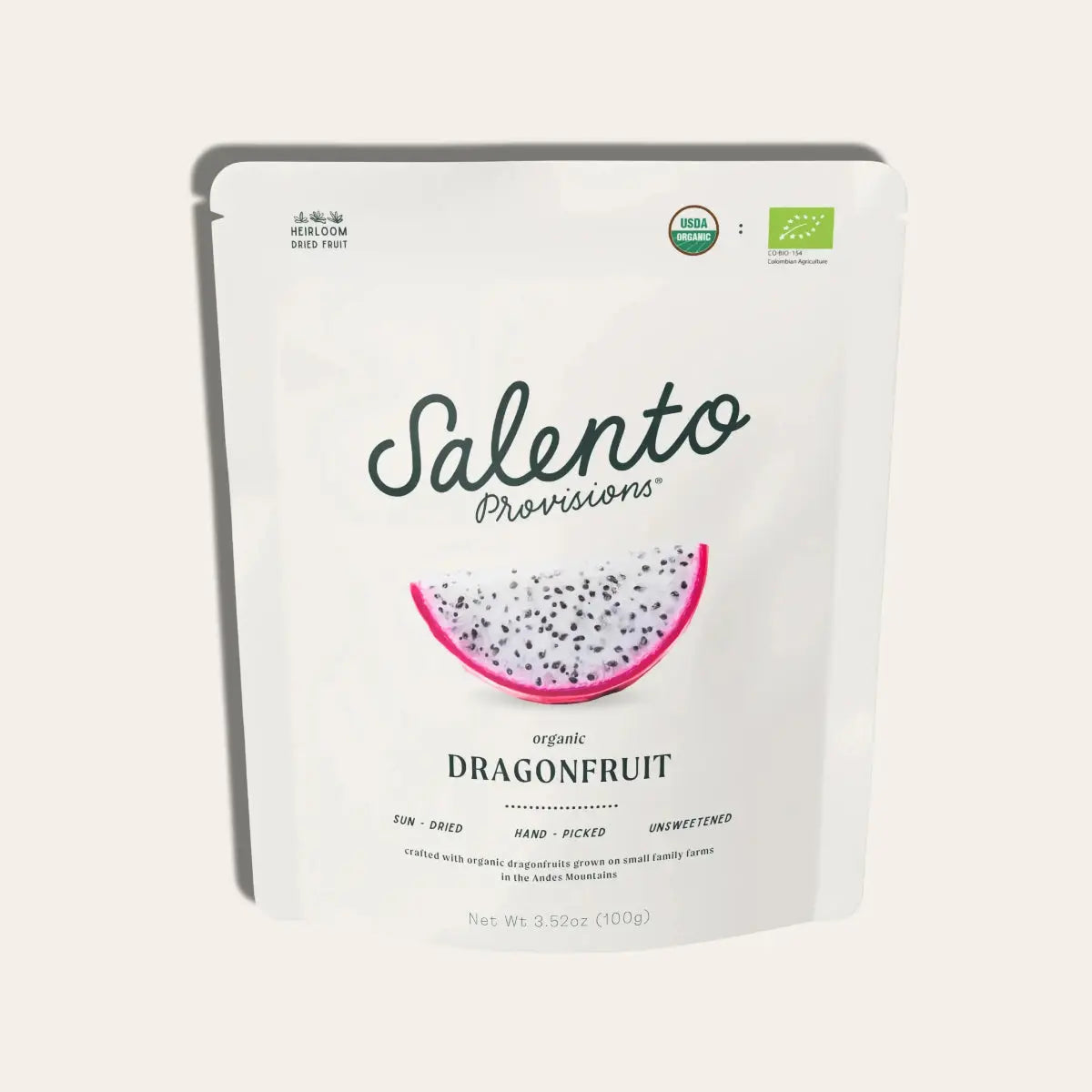 Salento Provisions organic dragonfruit packaging on a white background