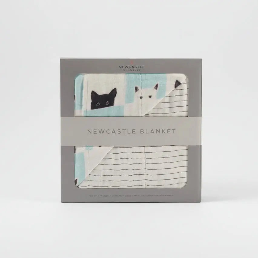 Newcastle Classics Peek-A-Boo Cats & Pencil Stripe Bamboo Muslin Blanket | Jenny's Gift Baskets