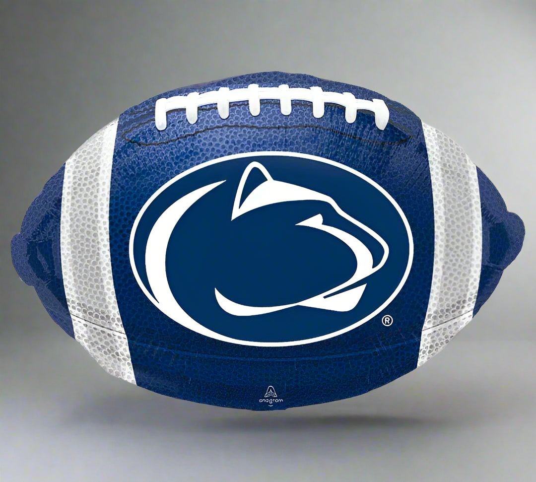Blue and white football-shaped balloon with a logo on a white background