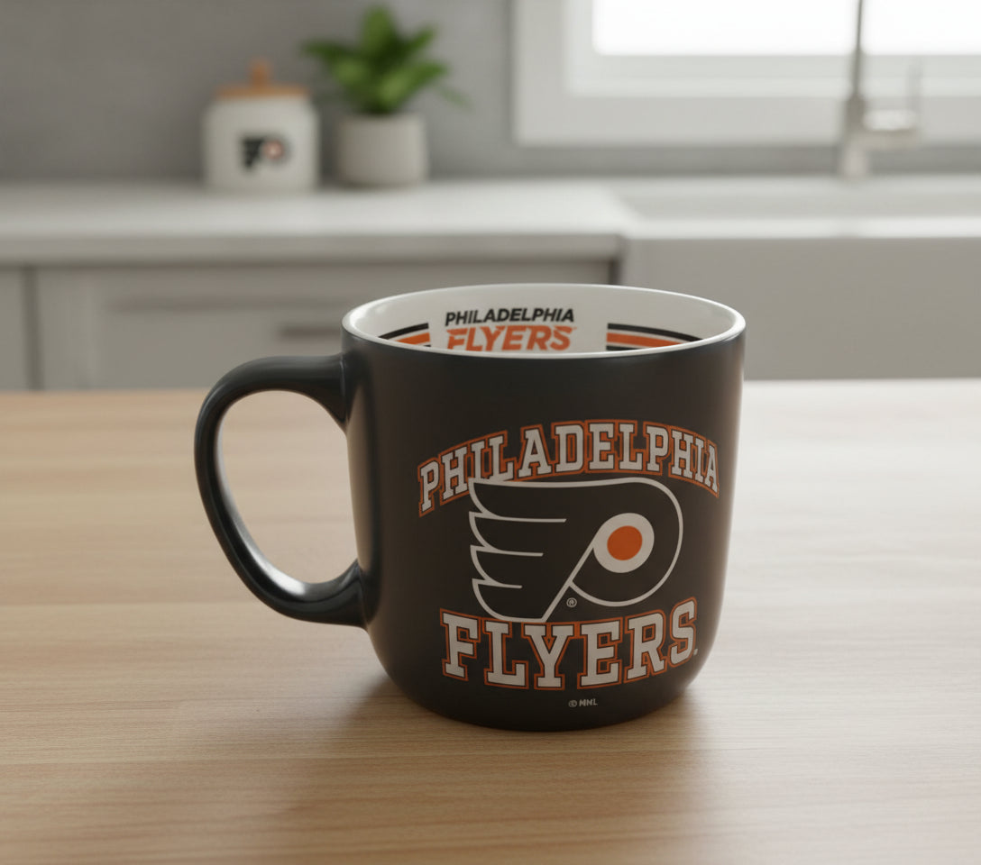 Philadelphia Flyers mug with logo on a gray background