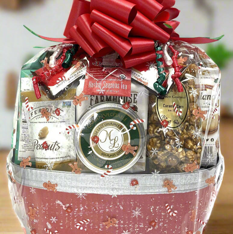 Gift basket with a red bow on a white background