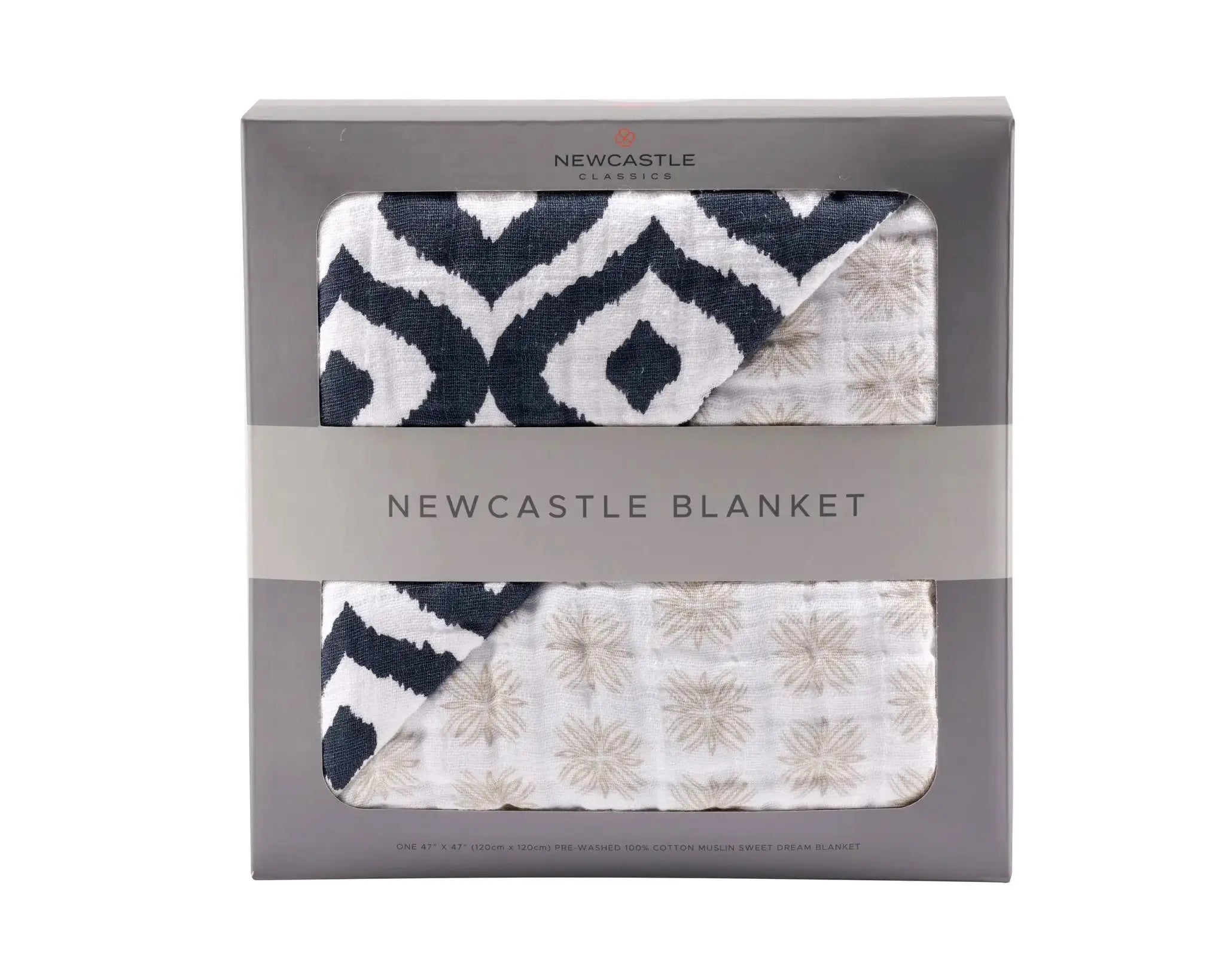 Newcastle blanket packaging with two patterned blankets inside